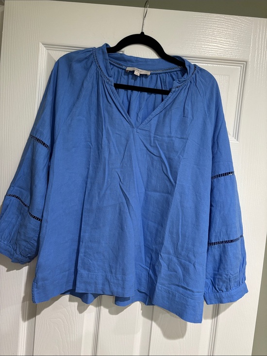 LOFT Tops - LOFT Blue Cotton Peasant Blouse with Ladder Lace Trim